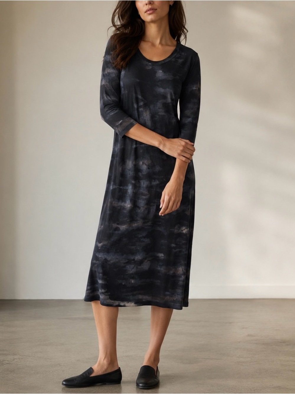 RAQUEL ALLEGRA Tie Dye Midi Dress 3/4 Sleeve Cotton USA Made